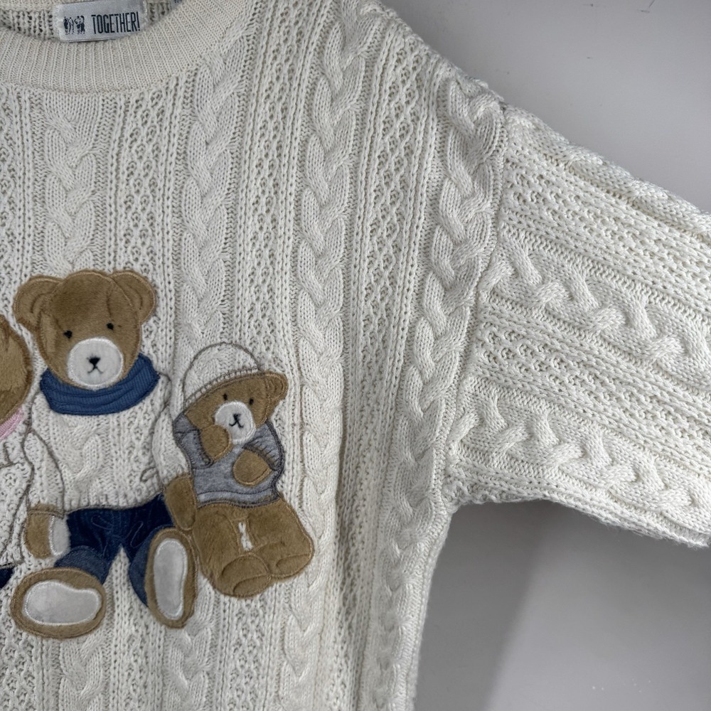 VTG Together! Sweater Womens L Cream Embroidered Teddy Bear Wool Cable Knit 90s - Picture 9 of 16